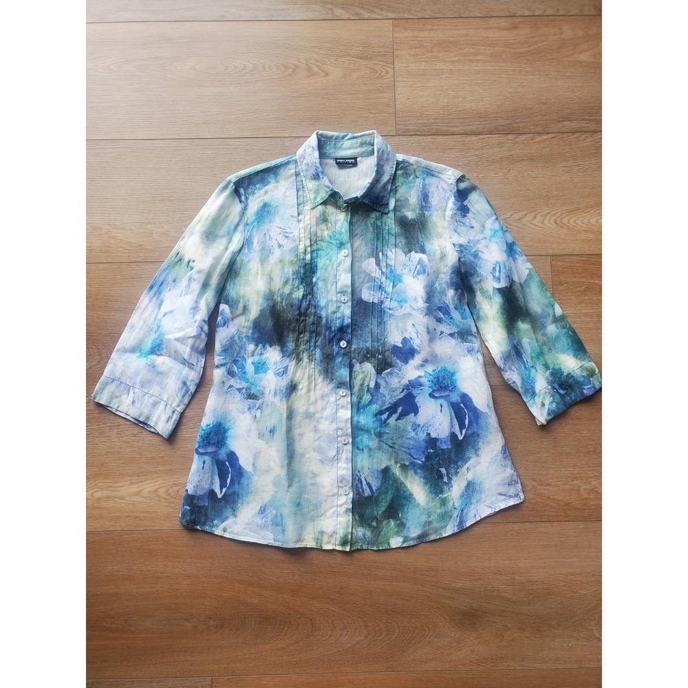 Gerry Weber Edition Blue Green Floral Pin Tuck Button Down Shirt Womens